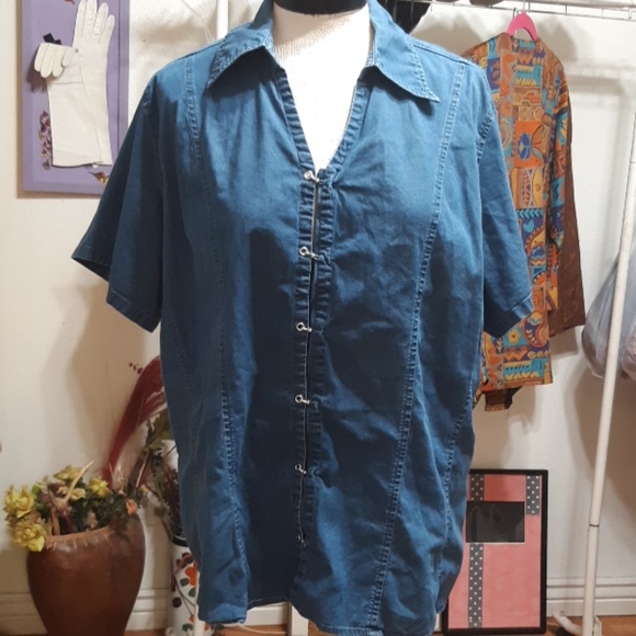 Womens Blue Denim button up shirt sz 20 Stretch B3 collared shortsleeve - Picture 1 of 7